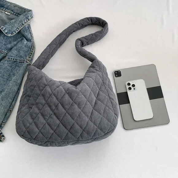 Luxe Quilted Corduroy Puffer Messenger Shoulder Crossbody Travel Bag - Picture 9 of 12